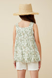 GY6749 Green Girls Botanical Print Square Neck Handerchief Tank Back