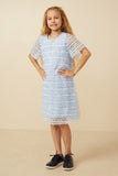 GY6772 Blue Girls Feathered Mesh And Dot Shift Dress Full Body