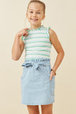 GY6794 Light Denim Girls Garment Washed Belted Patch Pocket Skirt Front