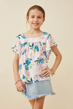 Botanical Print Pom Pom Sleeve Square Neck Top