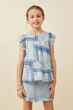 GY6817 Blue Girls Handkerchief Print Ruffle Sleeve Peplum Top Front