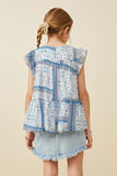 GY6817 Blue Girls Handkerchief Print Ruffle Sleeve Peplum Top Back