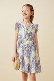 GY6823 Blue Girls Textured Floral Mandala Print Ruffled Tank Dress Front