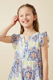 GY6823 Blue Girls Textured Floral Mandala Print Ruffled Tank Dress Front 2