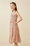 GY6842 Cream Girls Disty Floral Smocked Tie Shoulder Dress Side