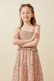 GY6842 Cream Girls Disty Floral Smocked Tie Shoulder Dress Front