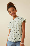 GY6876 MINT Girls Textured Floral Print Ruffle Collar Shirt Front