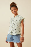 GY6876 MINT Girls Textured Floral Print Ruffle Collar Shirt Side