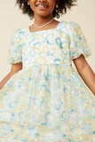 GY6885 Sage Mix Girls Mesh Floral Square Neck Dress Detail