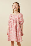 GY6892 Pink Girls Ditsy Floral Square Neck Poplin Dress Front