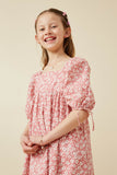 GY6892 Pink Girls Ditsy Floral Square Neck Poplin Dress Front 2