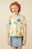 Textured Botanical Print Shirred Front Top