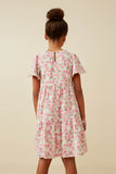 GY6939 Pink Girls Button Detail Textured Floral Dress Back