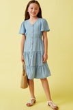 GY6951 Light Denim Girls Button Front Side Smocked Denim Tencel Dress Full Body