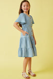 GY6951 Light Denim Girls Button Front Side Smocked Denim Tencel Dress Side