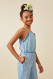 GY6952 Light Denim Girls Ruffled Halter Wideleg Denim Tencel Jumpsuit Front