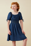 Smocked Waist Tie Sleeve Denim Tencel Dress