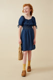 GY6955 Dark Denim Girls Smocked Waist Tie Sleeve Denim Tencel Dress Full Body