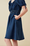 GY6955 Dark Denim Girls Smocked Waist Tie Sleeve Denim Tencel Dress Detail