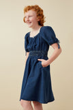 GY6955 Dark Denim Girls Smocked Waist Tie Sleeve Denim Tencel Dress Side