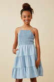 GY6956 Light Denim Girls Smocked Tiered Skirt Denim Tencel Mini Dress Front