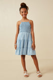 GY6956 Light Denim Girls Smocked Tiered Skirt Denim Tencel Mini Dress Full Body