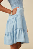 GY6956 Light Denim Girls Smocked Tiered Skirt Denim Tencel Mini Dress Detail