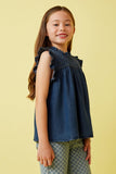 GY6958 Dark Denim Girls Ruffle Detailed Smocked Denim Tencel Tank Side