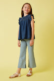 GY6958 Dark Denim Girls Ruffle Detailed Smocked Denim Tencel Tank Full Body 2