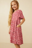 GY6971 Pink Girls Ditsy Floral Buttoned V Neck Tier Dress Front 2