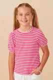 GY6996 Pink Girls Textured Stripe Puff Sleeve Knit Top Front