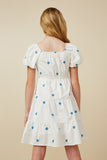 GY7067 Off White Girls Floral Embroidered Puff Sleeve Square Neck Dress Back