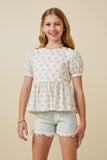 GY7079 Lavender Girls Floral Print Puff Sleeve Baby Doll Top Front