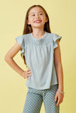 GY7080 Blue Girls Smocked Yoke Ruffle Shoulder Knit Top Front