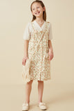 GY7086 Cream Girls Floral Corduroy Button Detail Tank Dress Full Body