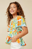 GY7159 Blue Mix Girls Resort Floral Smocked Peplum Top Full Body