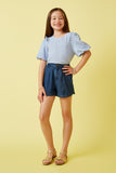 GY7179 Blue Girls Crinkled Puff Sleeve Knit Top Full Body