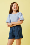 GY7179 Blue Girls Crinkled Puff Sleeve Knit Top Front 2