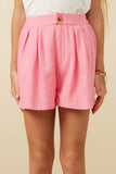 GY7190 Pink Girls Pleated Detail Button Front Shorts Front