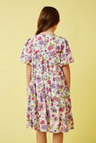 GY7205 Purple Girls Spring Floral Asymmetric Paneled Puff Sleeve Dress Back