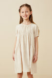 GY7223 Beige Girls Monochromatic Botanical Textured Puff Sleeve Dress Front