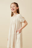 GY7223 Beige Girls Monochromatic Botanical Textured Puff Sleeve Dress Side