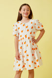 GY7272 Off White Girls Orange Print Textured Ruffle Sleeve Dress Front