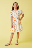 GY7272 Off White Girls Orange Print Textured Ruffle Sleeve Dress Full Body