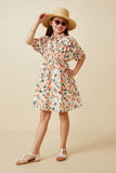 GY7281 Taupe Girls Tulip Print Dolman Sleeve Collared Dress Full Body