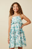 GY7282 Teal Girls Crushed Satin Textured Ruffled Botanical Print Dress Front