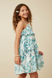 GY7282 Teal Girls Crushed Satin Textured Ruffled Botanical Print Dress Side