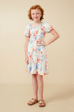 GY7284 Off White Girls Textured Romantic Floral Smocked Puff Sleeve Dress Full Body