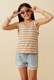 GY7294 Taupe Girls Cable Textured Striped Knit V Neck Tank Front