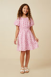 GY7295 Pink Girls Textured Floral Puff Sleeve Dress Full Body